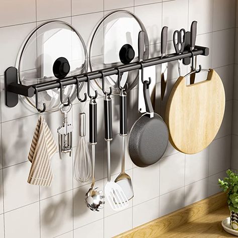 Pot Rack Hanging Wall Mounted Knife Pot Lid Holders Black Sliding Hooks Kitchen Storage Shelf for Towel Spoon Pan Cookware Set (50CM 8 Hooks) Pot Rack Hanging Wall, Wooden Utensil Holder, Wall Mounted Kitchen Storage, Kitchen Utensil Rack, Kitchen Organizer Rack, Utensil Rack, Aluminium Kitchen, Pot Racks, Kitchen Hooks