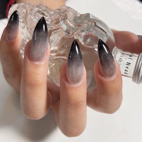 Grey And Black Nails, Smokey Nails, Nail Aesthetics, Black Ombre Nails, Grey Acrylic Nails, Shiny Nails Designs, Horror Nails, Witch Nails, Hidden Tattoos