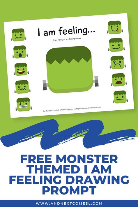 A screenshot of a Halloween printable for kids that shows a blank Frankenstein's monster face with other Halloween emojis on the sides. There is a text overlay that says Free Monster Themed I am Feeling Drawing Prompt. Feeling Drawing, Kindergarten Drawing, Halloween Themed Activities, Feelings Activities, Emotions Activities, Social Emotional Activities, Free Printable Halloween, Feelings Chart, High School Library