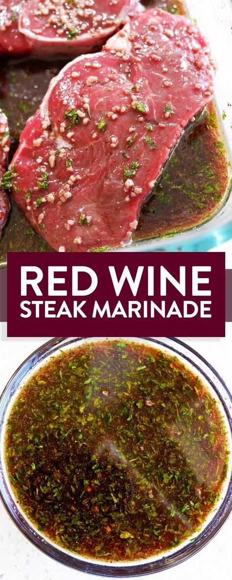 Easy and simple red wine steak marinade with soy sauce, garlic, sesame oil. This gluten free marinade recipe is easy and perfect for grilling steak on the BBQ. Steak Marinade Red Wine, Wine Steak Marinade, Red Wine Steak, Meat Marinade Recipes, Steak Marinade For Grilling, Steak Marinades, Wine Marinade, Wine Steak, Steak Marinade Easy