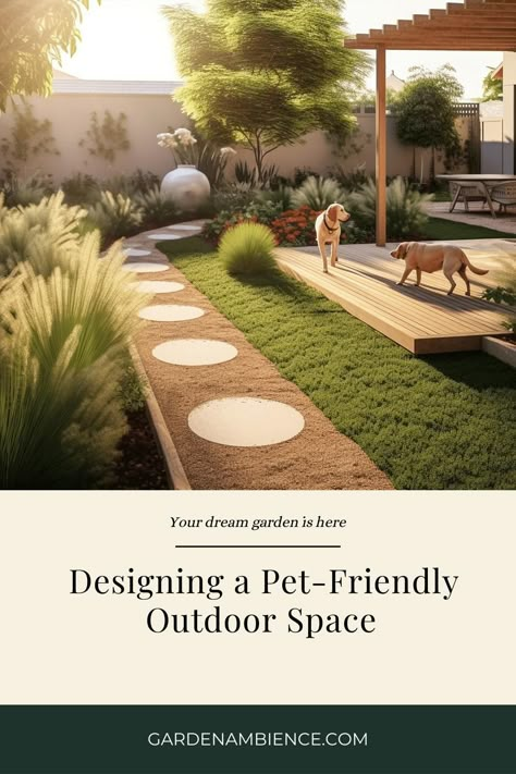 Tips and ideas for creating an outdoor space that's safe and enjoyable for your pets. Learn about pet-friendly plants, secure fencing, and more. Pet Friendly House Ideas, Dog Friendly Garden Design, Yard Separation Ideas For Dogs, Pet Outdoor Area, Small Garden For Dogs, Small Pet Friendly Backyard Ideas, Pet Friendly Garden Ideas, Backyard Ideas Dog Friendly, Dog Safe Backyard Landscaping