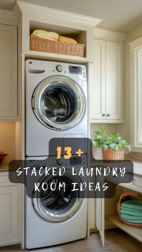 Looking to save space in your home? Click to discover 13 stacked laundry room ideas that maximize efficiency and style in tight spaces. 🔄🧺 #LaundryRoomDesign #SpaceSaving #HomeOrganization #EfficientHomes #StackedLaundry Small Closet Laundry Room Ideas Stacked, Narrow Laundry Room With Stacked Washer Dryer, Washing Machine And Tumble Dryer Stacked, Laundry Rooms With Stackable Units, Small Laundry Room Ideas With Stackable Washer Dryer, Garage Washer And Dryer Spaces, Laundry Room With Toilet And Sink, Washer And Dryer In Bathroom Ideas, Laundry Room Ideas For Stacked Units