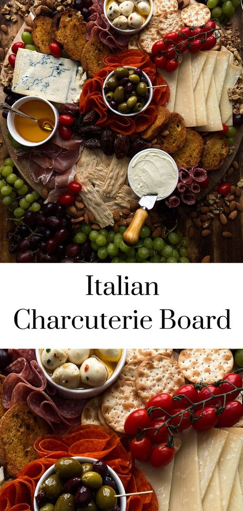 Assemble a DELICIOUS Italian charcuterie board for a crowd! This Italian-inspired charcuterie board is sure to be a hit at your next party! Charcuterie Board Italian Style, Italian Charcuterie Board Ideas, Charcuterie Board For A Crowd, Italian Cheese Board, Italian Charcuterie Board, Italian Charcuterie, Charcuterie Appetizers, Charcuterie Ideas, Group Food