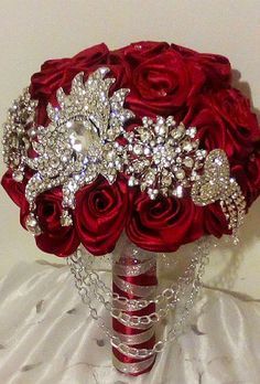 Untitled Red Quinceanera Ideas, Quinceanera Bouquet, Jeweled Bouquet, Red Bouquet Wedding, Brooch Wedding, Bridal Brooch Bouquet, Red Wedding Flowers, Wedding Brooch Bouquets, Red Bouquet