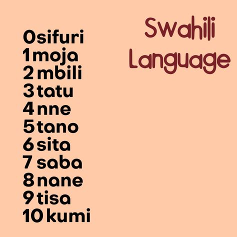 counting in Swahili, a Bantu language spoken in much of east Africa by about 140 million people. Swahili Language Learning, Kiswahili Language, Learning Swahili, Swahili Language, Learn Swahili, Yoruba Language, African History Truths, Sign Language Lessons, Sign Language Phrases