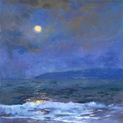 "Strawberry Moonlight" by American Impressionist, S. Burkett Kaiser. The Ocean, At Night, The Sky, Oil On Canvas, Oil Painting, Moon, Canvas, Blue