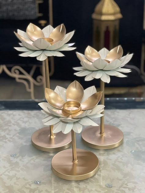 Diy Tea Light Holders, Diy Tea Light Candle Holders, Indian Candles, Lotus Flower Candle Holder, Lotus Flower Candle, Gold Leafing, Diy Diwali Decorations, Candle Wedding Decor, Flower Candle Holder