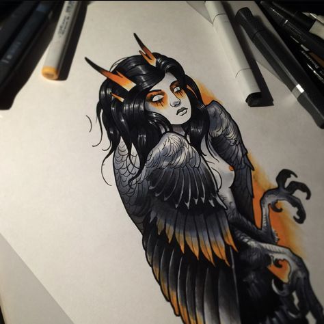 Harpy Tattoo, Feather Tat, Copic Marker Art, Nautical Tattoo, Tattoo Desings, American Traditional Tattoo, Neo Traditional, S Tattoo, American Traditional