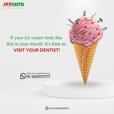 If your teeth are sensitive to cold, eating ice cream can be uncomfortable. There are a number of possible reasons for cold sensitivity, including tooth decay, worn tooth enamel or exposed nerves due to receding gums. If You Experience Oral Discomfort When Eating Ice Cream, We Can Help! Book an appointment at Jas Dental 📞+91-9591111177 🌐 https://jasdental.in/ #dentalproblems #sensitivity #sensativityteeth #mansoondental #Mansoon2022 #JasDental Dental Advertisement, Dental Esthetics, Dental Marketing Social Media, Dental Infographics, Dentist Career, Dental Content, Dental Puns, Dental Post, Dental Ads