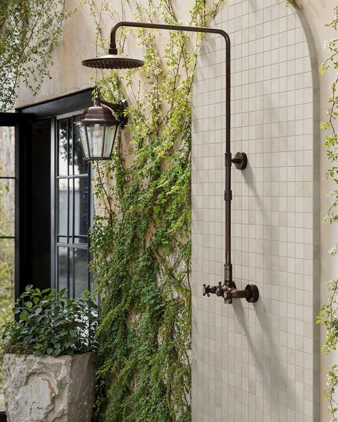 Edward Martin | A dreamy outdoor shower nestled in a garden ☀️ 🚿 Featuring: Ramsey 2x2 Matte Porcelain Mosaic Tile in Chalk #outdoor #shower #inspo... | Instagram Pool Bathroom Door, Outdoor Shower Tile Wall, Simple Outdoor Shower, Outdoor Tile, Paver Tiles, Outdoor Showers, Pool Bathroom, Industrial Minimalist, Matte Ceramic