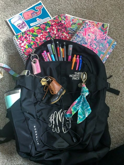 Its that time of the year again it's time to head back to school. Now it is time to do it in style, preppy style. Monogrammed backpack filled with Lilly Pulitzer notebooks, planners, and pens! It also has a Yeti cup and a L. L. Bean Boot key chain. There are also lots of preppy stickers from FFL and Vineyard Vines. Vsco School Supplies, Ll Bean Backpack Aesthetic, Lilly Pulitzer Notebook, Back To School Vibes, Preppy Back To School Supplies, School Backpacks Highschool, North Face Backpack School, Back To School Prep, High School Supplies