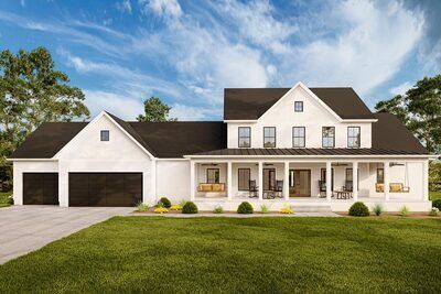 The expansive front porch on the exterior of this 2-Story Modern Farmhouse plan measures 50'-wide by 11'-deep. A barrel-vaulted ceiling greets you in the foyer where you'll find a home office to the left. Straight ahead, a generous great room boasts a fireplace and oversized opening into the eat-in kitchen. Large service areas include a walk-in pantry, mudroom with coat closet, and lower-level storage that is accessible from the 3-car garage or main home's stairwell. The master bedroom enjoys a 2 Story Barndominium Floor Plans, 2 Story Farmhouse Plans, House Plans 2 Story, Level Storage, Farmhouse Floor Plans, Kitchen Large, Coat Closet, Farmhouse House, Farmhouse Plan