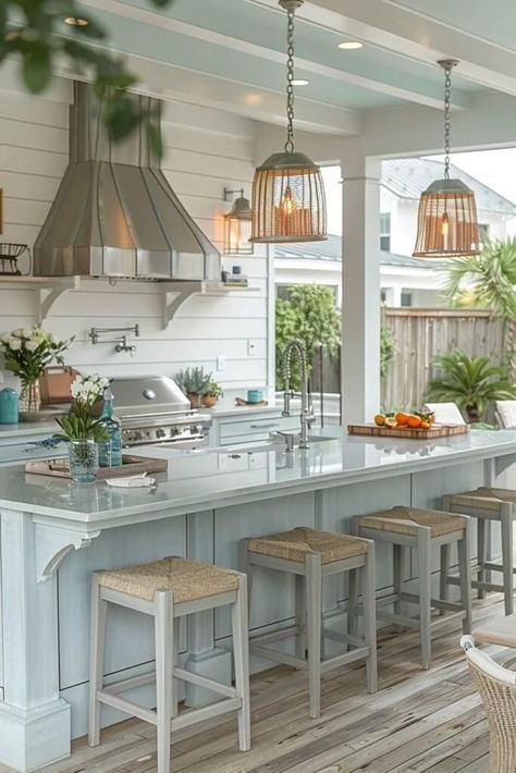 Climbing Plants For Shade, Beach House Porch, Summer Kitchens, Hardware For Cabinets, Coastal Houses, Plants For Shade, Covered Outdoor Kitchens, Outdoor Decor Ideas, Carolina House