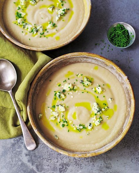 The rich, subtle flavour of celeriac, the acidity of apples and a salty ‘kick’ of blue che... Celeriac And Apple Soup, Celeriac Recipes, Apple Soup, Menu Planning, Blue Cheese, Hummus, Apples, Soups, Cheese