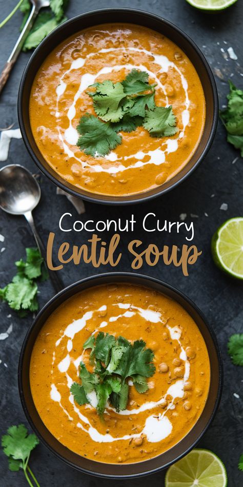 coconut curry lentil soup Golden Coconut Lentil Soup, Instant Pot Coconut Curry Lentil Soup, Coconut Lentil Curry Soup, Coconut Curry Lentil Recipes, Spicy Curry Soup, Red Lentil Coconut Soup, Vegan Curry Soup, Lentil Soup Coconut Milk, Curry Lentil Recipes