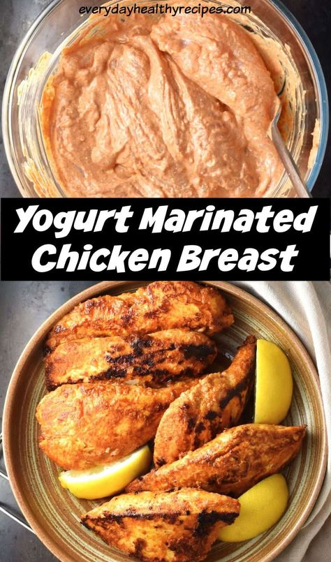 Top down view of chicken pieces in yogurt marinade in bowl and cooked yogurt chicken breast pieces with lemon wedges in brown bowl. Greek Yogurt Chicken Marinade Air Fryer, Chicken Marinade With Greek Yogurt, Yogurt Marinade For Chicken, Yogurt Marinated Chicken Breast, Indian Chicken Marinade, Cubed Chicken Breast Recipes, Yogurt Chicken Marinade, Marinated Chicken Breast Recipes, Greek Yogurt Chicken Marinade