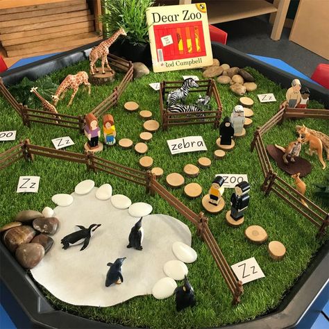 Small World Provocations, Small World Table Play Ideas, Small World Animal Play, Small World Play Table, Zoo Provocations, Small World Set Up Ideas, Small World Continuous Provision, Early Years Small World Ideas, Eyfs Zoo Activities