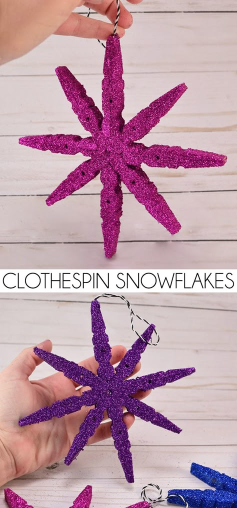 Snowflake ornaments made out of clothespins are genius! Diy Christmas Decorations Easy, Clothes Pin Crafts, Glitter Diy, Easy Christmas Diy, Snowflake Ornaments, Clothespins, Homemade Christmas, Christmas Deco, Xmas Crafts