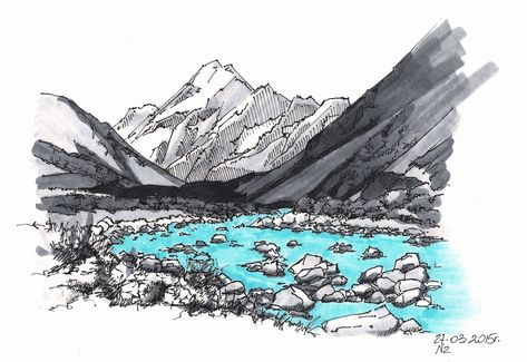 #akukusketch #urbansketch #artsketch #landscapesketch #architecturesketch #architectureart #architecturedrawing #origianlaart #originalartwork #illustration #traveljournal #travelsketch New Zealand Nature, New Zealand Mountains, Mountain Sketch, Urban Sketches, Japan Illustration, New Zealand Landscape, Nature Background Images, Mountain Drawing, Landscape Sketch