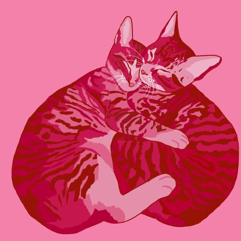 Valentines Cat Drawing, Red Cat Drawing, Pink Cat Drawing, Pink Cat Painting, Hugging Drawing, Pop Art Cat, Cat Hug, Cat Cuddle, Pink Animals