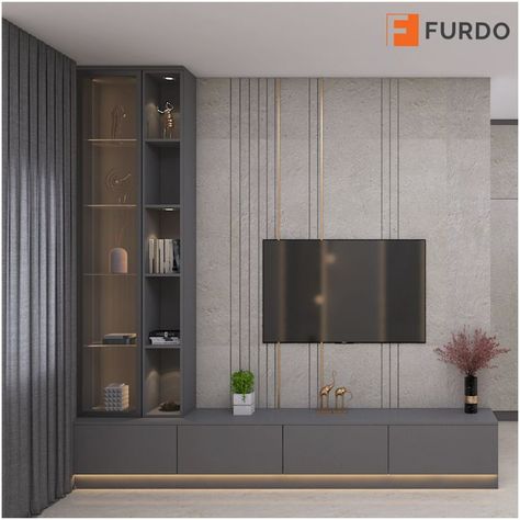 Want to get your home designed by Furdo? Book your FREE design consultation now! Tv Unit With Side Cabinet, Tv Unit Back Wall Design, Bedroom Tv Unit Design With Storage, Bedroom Tv Unit With Storage, Aesthetic Tv Unit Design, Tv Unit Design Modern Grey, Tv Unit Tiles Design, Tv Unit Design In Bedroom, Tv Unit Design Modern With Storage