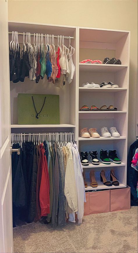 Small Open Closet Ideas Bedrooms, Walk In Closet Ideas With Dresser, Small Closet Astethic, Outside Closet Ideas Bedrooms, Closet Glow Up, Shelves In Bedroom For Clothes, Dream Closet Design Small Space, Open Wardrobe Ideas Bedroom, Ideas Para Closet Pequeños