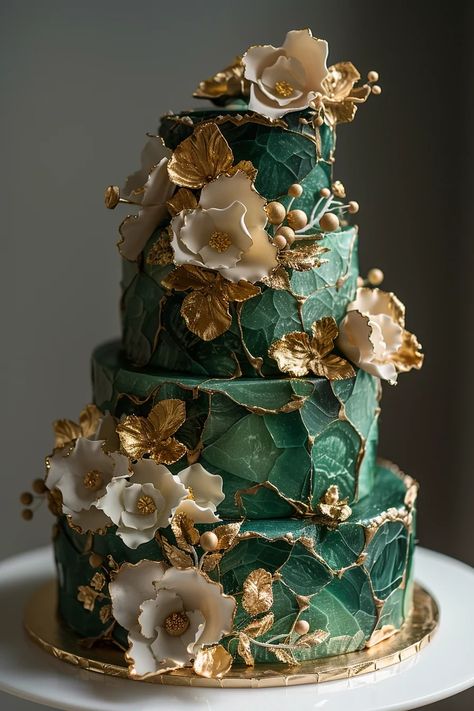 40 Unique and Classy Wedding Cake Ideas Big Cakes Wedding, Wedding Cakes With Fountains, Wedding Cake Medieval, Wedding Cake Inspiration Unique, Classy Wedding Cakes Unique, Dark Green And Gold Wedding Cake, Emerald Quince Cake, Wedding Cakes Medieval, 2025 Wedding Cake Trends