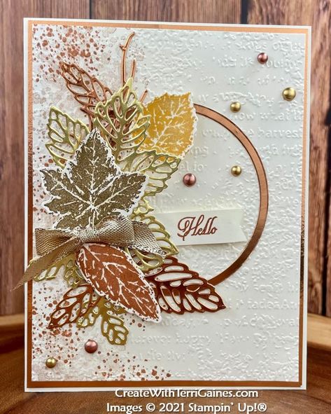 Gorgeous Leaves Cards using 2021-2022 Annual Catalog Page 96 Card Sketch Flyer (video) - Create With Terri Gaines Fall Cards Handmade, Thanksgiving Cards Handmade, Fall Greeting Cards, Autumn Cards, Retreat Ideas, Card Sketch, Leaf Cards, Fall Theme, Tree Cards