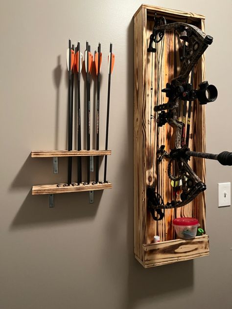 Compound Bow Holder Diy, Archery Storage Ideas, Archery Storage, Compound Bow Holder, Hunting Closet, Extra Garage, Hunting Organization, Bow Mount, Diy Bow Holder