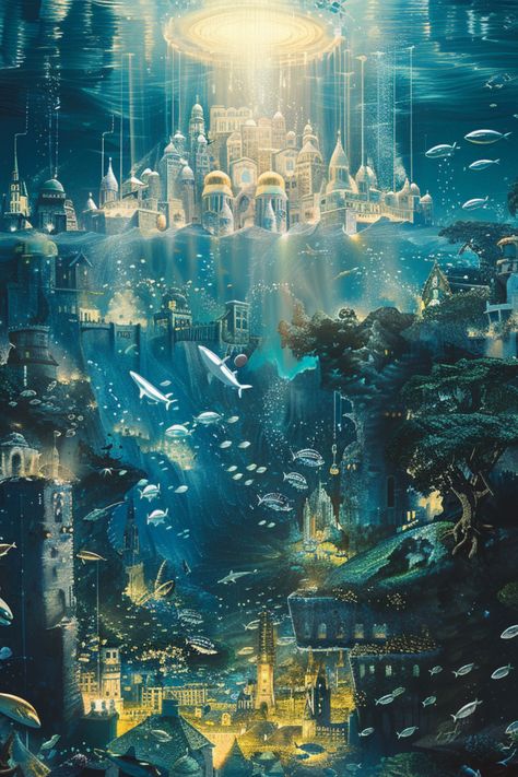 #aiart #underwater #atlantis Underwater Palace Fantasy Concept Art, Underwater Kingdom Fantasy Art, Atlantis Art Underwater City, Belize Painting, Atlantis The Lost Empire Aesthetic, Underwater Facility, Atlantis Illustration, Underwater City Concept Art, Underwater City Fantasy Art