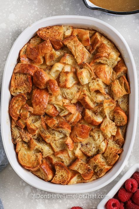 Here's an easy way to elevate your dessert game: croissant bread pudding! Take fluffy croissants, bake them in a rich custard pudding, and finish with a decadent hot caramel sauce. This sweet and savory treat is the best treat for any occasion. It's a winner for any after-dinner indulgence. #idonthavetimeforthat #croissantbreadpudding #croissantbreadpuddingrecipe #breadpuddingwithcroissants Bread Pudding Using Croissants, Desserts With Croissants, Croissant Pudding, Croissant Bread Pudding Recipe, Croissant Bread Pudding, Crescent Bread, Bread Pudding With Croissants, Traditional Bread Pudding, Caramel Bread Pudding