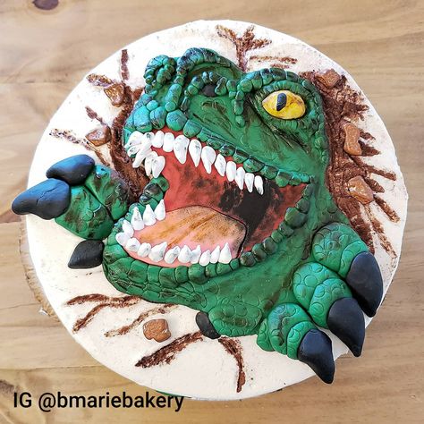 Dinosaur Cake with hand sculpted fondant T-Rex T-rex Cake, T Rex Birthday Cake, T Rex Dinosaur Cake, Basic Cake Decorating, Dinasour Birthday, T Rex Cake, Dinosaur Cake Topper, Dino Cake, Dinosaur Cake Toppers