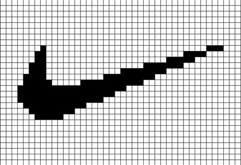 A pixel art template of the Nike logo, separate from the text, black on white. Crochet Nike Logo Pattern, Sports Pixel Art, Pixel Art Clothes, Nike Logo Art, Pixel Art Black And White, Nike Pattern, Pixel Logo, Graph Paper Drawings, Graph Crochet