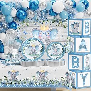 Amazon.com: Ecomore Elephant Baby Shower Decorations for Boy Girl, 245 PCS Blue Gender Reveal Party Supplies with Disposable Dinnerware Plate Cup Napkin Cutlery Tablecloth Backdrop Baby Boxs Balloon Garland Kit : Toys & Games Baby Boy Gender Reveal, Tablecloth Backdrop, Blue Gender Reveal, Baby Shower Plates, Baby Shower Party Themes, Elephant Baby Shower Decorations, Boho Birthday Party, Gender Reveal Party Supplies, Elephant Baby Shower Theme