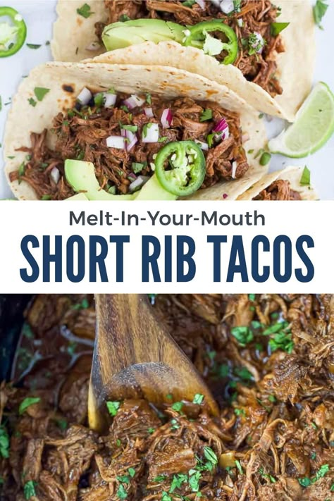 This Slow Cooker Barbacoa Short Rib Tacos is the perfect paleo recipe to help you stick to your healthy eating goals. Cooked low and slow in the crockpot for tender melt in your mouth meat - each bite of these easy short rib tacos is filled with juicy balsamic barbacoa flavor then topped with fresh cilantro, onion and avocado for the ultimate bite. Is the ultimate easy dinner for taco Tuesday, entertaining, and more! Short Ribs Tacos Slow Cooker, Short Ribs Recipe Mexican Style, Short Ribs Mexican Style, Boneless Beef Short Rib Tacos, Short Rib Burrito, Beef Short Ribs Tacos, Beef Rib Tacos, Braised Short Rib Tacos, Beef Shoulder Ribs Boneless Crockpot