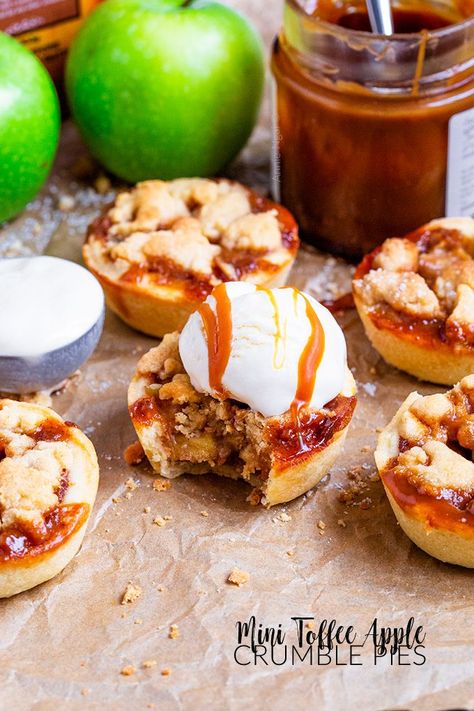 These Mini Toffee Apple Crumble Pies make pie making easy! Made in a muffin tin with buttery pastry, tender apples, toffee sauce and a buttery crumble topping. They are Autumn in dessert form! #toffeeapple #applecrumblepie #miniapplepie #applepie #applecrumble #autumnbaking #dessert #pie Toffee Apple Pie, Pie Making, Apple Crumble Pie, Dessert Pie, Toffee Sauce, Mini Apple Pies, Pie Crumble, Apple Pie Recipe, Toffee Apple