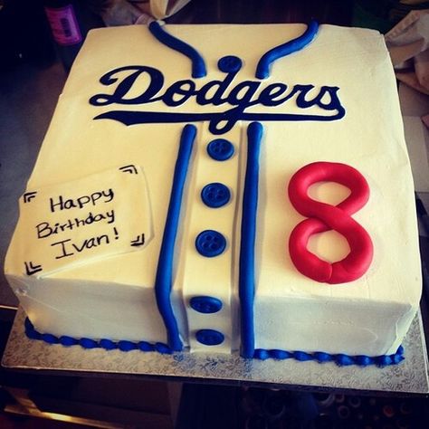 Dodgers jersey cake Dodgers Birthday Party, Dodgers Cake, Dodgers Jersey, Jersey Cake, Baseball Theme Birthday, Baked Cakes, Baseball Cake, Bakersfield California, Sport Cakes