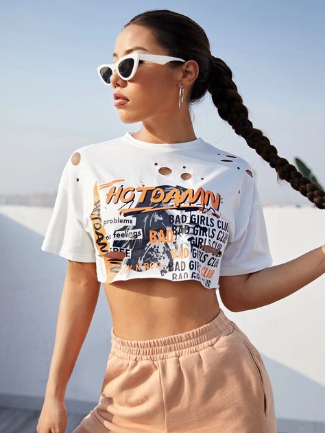 SHEIN Slogan Graphic Ripped Detail Super Crop Top | SHEIN USA Fall Festival Outfit, Super Crop Top, Crop Top Design, Cropped Graphic Tees, Spring Outfits Dresses, Crop Top Designs, Graphic Crop Top, Bad Girls Club, T Shirt Crop Top