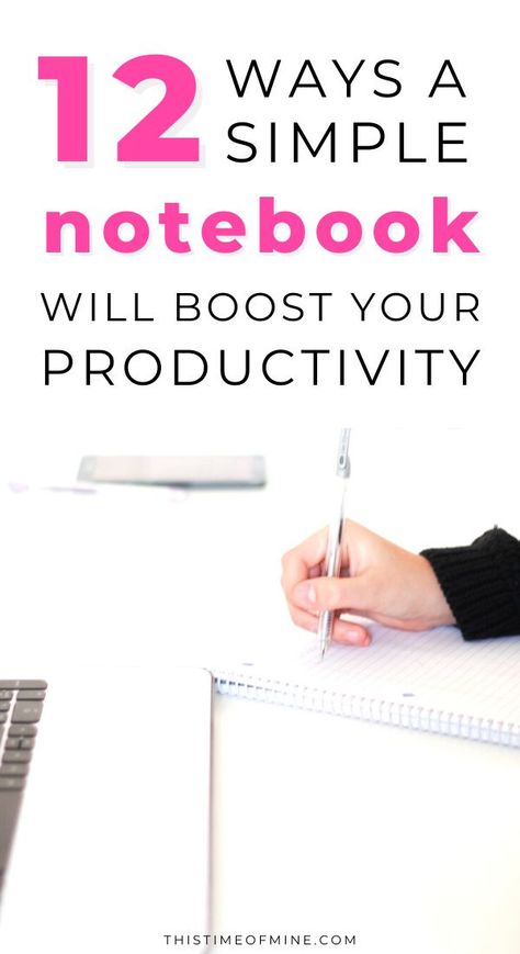 Ready to take your productivity up a notch? Find out how to keep your entire life organized and get more done with a simple blank notebook! Productivity tools | productivity tips | notebook | planner | planning | productivity hacks | scheduling | goal setting | journal | to-do list | busy parents | mom hacks | time management #productivity #productivitytips #productivitytools #thistimeofmine How To Journal For Productivity, Organization And Productivity, Work Notebook Organization, Productivity Methods, Busy Mom Planner, Goal Setting Journal, Productivity Journal, Productivity Printables, Empty Notebook