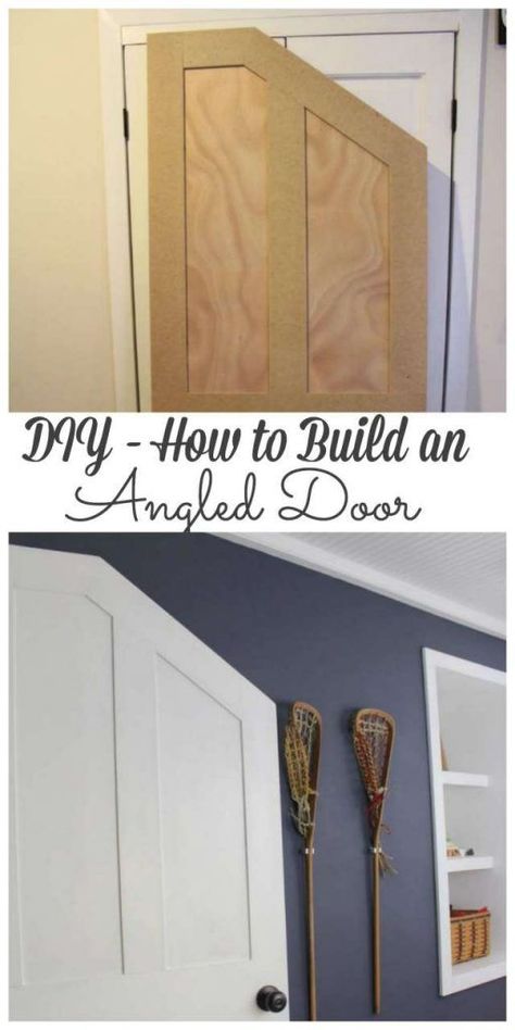 Our boys bedroom had no door and a quirky angled doorway so we created an angled door to fit perfectly. #angleddoor #door #diy http://lehmanlane.net Angled Doorway Ideas, Angled Doorway, Angled Door, Bedroom Door Decorations, Attic Renovation Ideas, Attic Doors, Attic Bedroom Designs, Attic Playroom, Small Attic