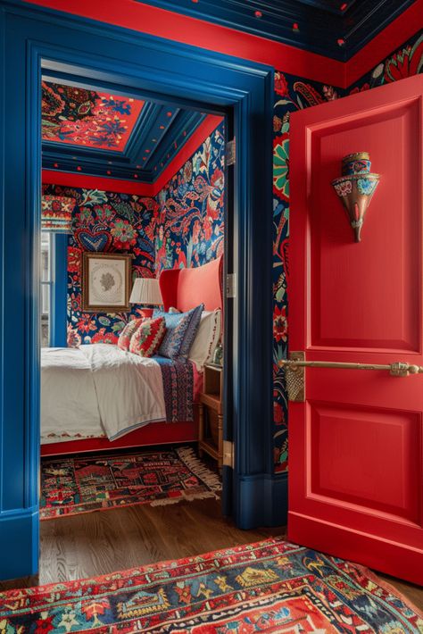 25 Red Bedroom Ideas for a Bold and Inviting Space Red Wall Interior Design, Red Headboard Bedroom, Red Carpet Room, Blue And Red Room, Red And Blue Bedroom, Red And Blue Interior, Bedroom Inspirations Ikea, Blue Apartment Decor, Bedroom Inspirations Vintage