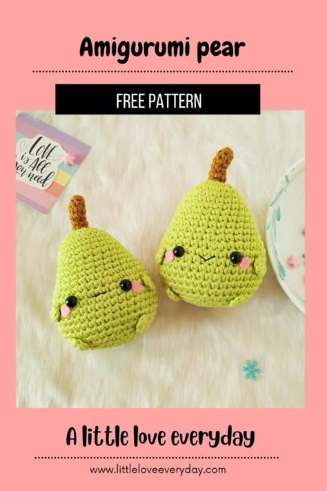 Crochet Peach Pattern Free, Positive Potato, Pear Pattern, Amigurumi Food, Crochet Fruit, Crochet Keychain Pattern, Crochet Animals Free Patterns, Crochet Food, Crochet Amigurumi Free Patterns