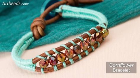 Beaded thread-wrapped leather cord bracelets - simple video tutorial (beadinggem.com) Herringbone Embroidery, Thread Wrapped Bracelets, Braided Jewelry, Bracelet Embroidery, Wrap Bracelet Tutorial, Bracelet Tutorials, Colorful Bracelet, Easy Jewelry, Bead Jewellery Supplies