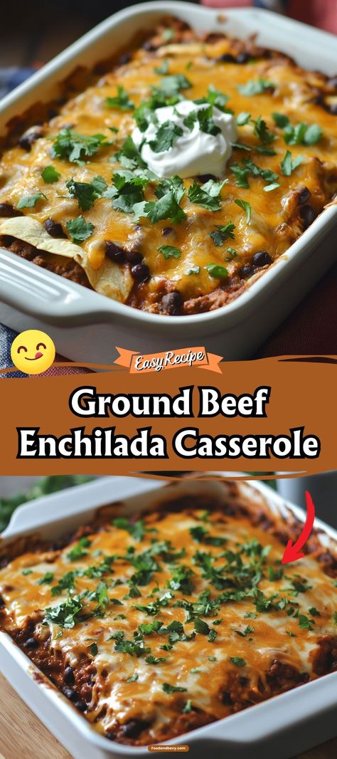 Dive into the zesty layers of our Ground Beef Enchilada Casserole, a vibrant mix of seasoned beef, tortillas, and enchilada sauce, topped with a generous sprinkle of cheese. This dish brings a touch of Mexican cuisine to your dinner table, promising a spicy kick and delicious satisfaction. #BeefEnchiladaCasserole #MexicanDinner #SpicyMeal Ground Beef And Bean Enchiladas, Green Enchilada Casserole Beef, Beef Bean And Cheese Enchiladas, Best Mexican Casserole Recipes, Easy Beef Enchilada Casserole, Mexican Casserole With Beef Doritos, Mexican Casserole With Beef Easy, Make Ahead Casseroles Dinner, Ground Beef Mexican Recipes