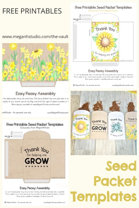 All those templates include hand drawn details! download your free printable seed packet templates, fill them with fun seeds of your choice and give them to your teachers as a unique thank you gift! free printables, DIY teacher thank you, thank you for helping me grow, teachers plant the seeds, seed envelope template, sunflower gift #teacherappreciation #thankyouforhelpingmegrow #teachersplanttheseeds #meganhstudio #diygift #lastminutegift Seed Packet Template, Sunflower Template, Sunflower Printable, Holiday Reading, Flower Seeds Packets, Seed Packaging, Packaging Diy, Teachers Diy, Seed Pack