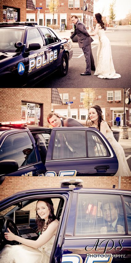 Every wedding has an opportunity for unique photo ops. Don't be shy and live it up! And if a cop comes by asking if you want to take pictures with his car Always Say Yes! Police Officer Wedding Ideas, Police Themed Wedding, Police Engagement Photos, Cop Wedding, Officer Wedding, Police Wedding, Preparing For Marriage, Funny Wedding Photos, Police Wife