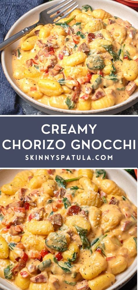 Gnocchi Recipes With Protein, Creamy Savory Recipes, Pioneer Woman Mushroom Ricotta Toast, Big Group Recipes, Chorizo Gnocchi Soup, Chorizo Cream Sauce, Chicken And Chorizo Gnocchi, Hot Italian Sausage Gnocchi, Chorizo And Gnocci