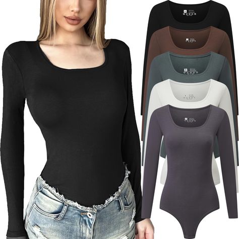 PRICES MAY VARY. Premium fabric: long sleeve bodysuit for women is made of ultra-soft, breathable, and stretchy fabric that is gentle on the skin. With its high elasticity and superb fit, the ribbed bodysuit hugs your curves in all the right places, giving you an ultimate second-skin experience Tanga bottom, 2 snap buttons butt closure at crotch Versatile Mix & Match: If there’s a singular wardrobe staple that does all the heavy lifting, it’s the bodysuit. You can easily pair it as a top with je T Shirt Bodysuit, Green Bodysuit, Bodysuit Tops, Shirt Bodysuit, Body Suits, Square Neck Bodysuit, Shapewear Bodysuit, Long Torso, Ribbed Bodysuit