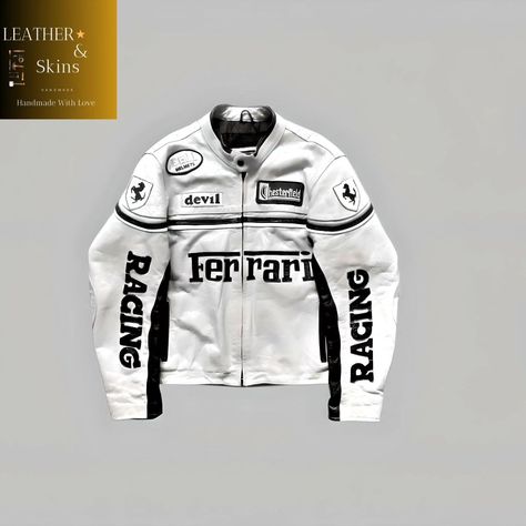 Beautiful Hyped Ferrari leather jacket black&white racing leather jacket🤍🩶⌚️🫅 Available soon 🎁 Ferrari Leather Jacket, Racing Leather Jacket, Leather Racing Jacket, Ferrari Jacket, Racing Jackets, Ferrari Racing, Classy Outfits Men, Concept Clothing, Racing Jacket