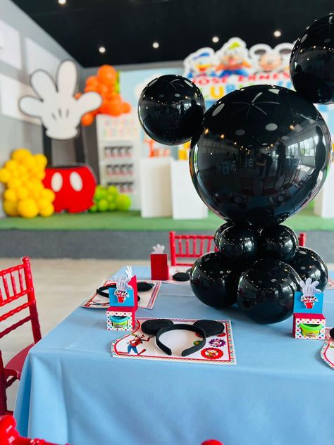 Mickey Mouse 1st Birthday Backdrop, Mickey Mouse Space Birthday, Mickey Funhouse Birthday, Mickey Centerpiece Ideas, Mickey Mouse Birthday Centerpieces, Disneyland Themed Birthday Party, Mickey Clubhouse Party Decorations, First Birthday Boy Mickey Mouse, Mickey Mouse Funhouse Birthday